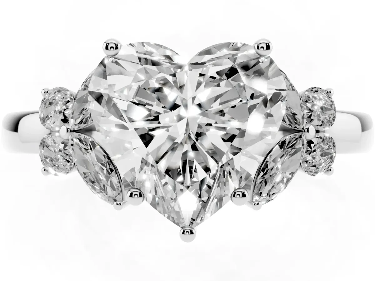 Heart Cut Cut Solitaire Floral Diamond Ring with Four-Prong Setting Platinum