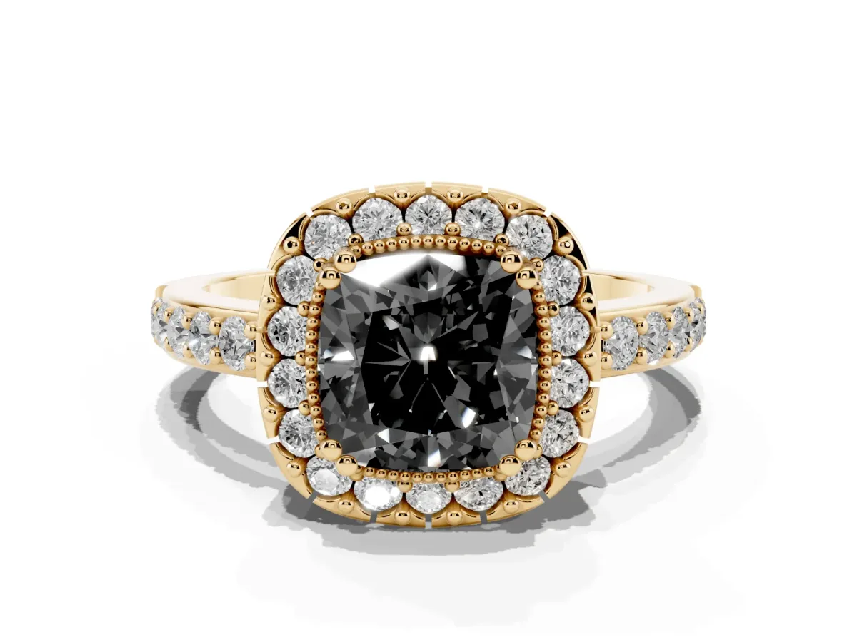 Fancy Black Cushion Cut Diamond Halo Ring with Pavé Band and Prong Setting Yellow gold