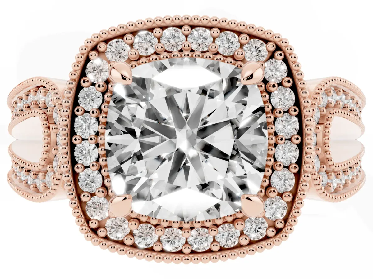 Cushion Cut Halo Split Shank Milgrain Diamond Ring Rose gold