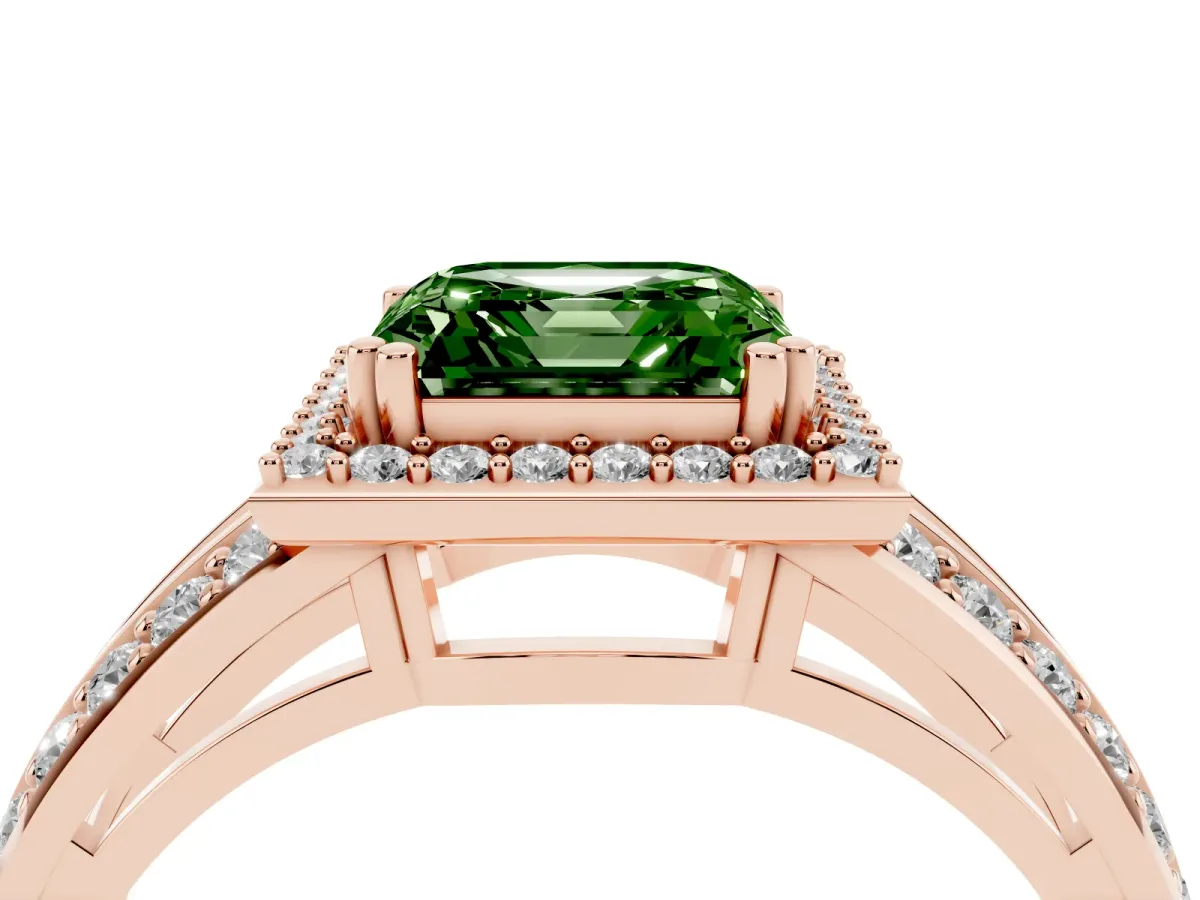 Fancy Green Asscher Cut Diamond Halo Ring with Split Shank Pavé Band and Four-Prong Setting Rose gold