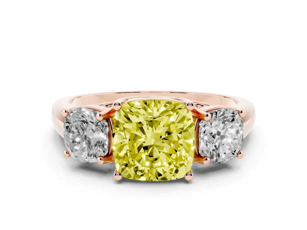 Fancy Yellow Three-Stone Cushion Cut Diamond Engagement Ring with Prong Setting Rose gold