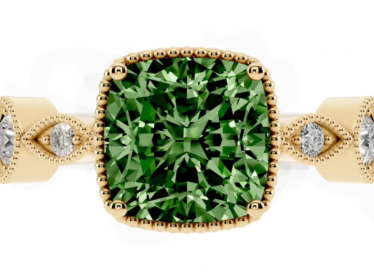 Fancy Green Cushion Cut Diamond Vintage Milgrain Ring with Round Stations Yellow gold