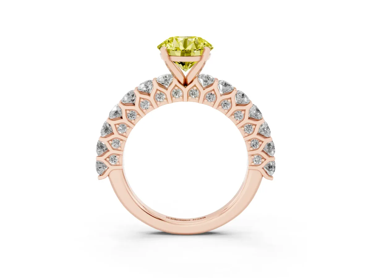 Fancy Yellow Round Cut Diamond Solitaire Ring with Shared Prong Pavé Band and Four-Prong Setting Rose gold