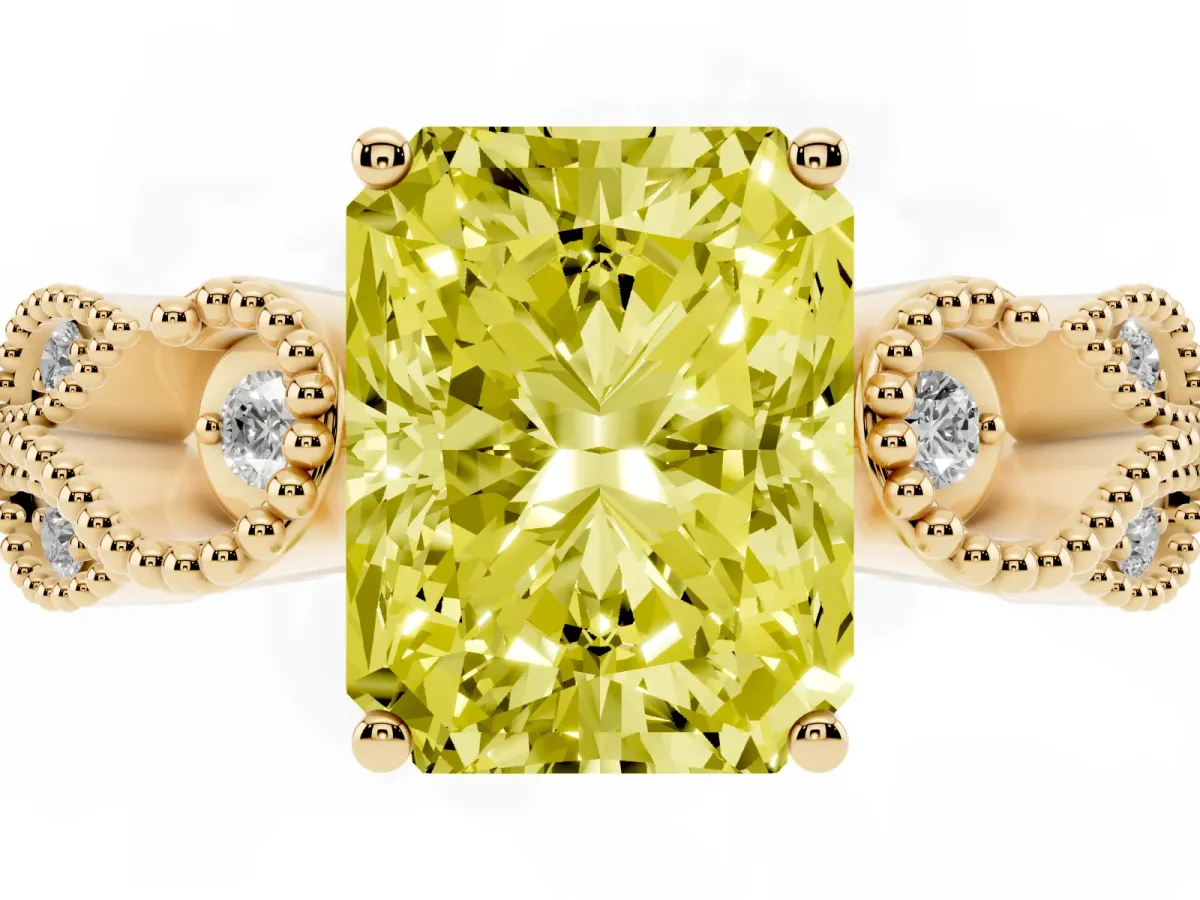 Fancy Yellow Radiant Cut Solitaire Milgrain Leaf Band with Prong Setting Yellow gold