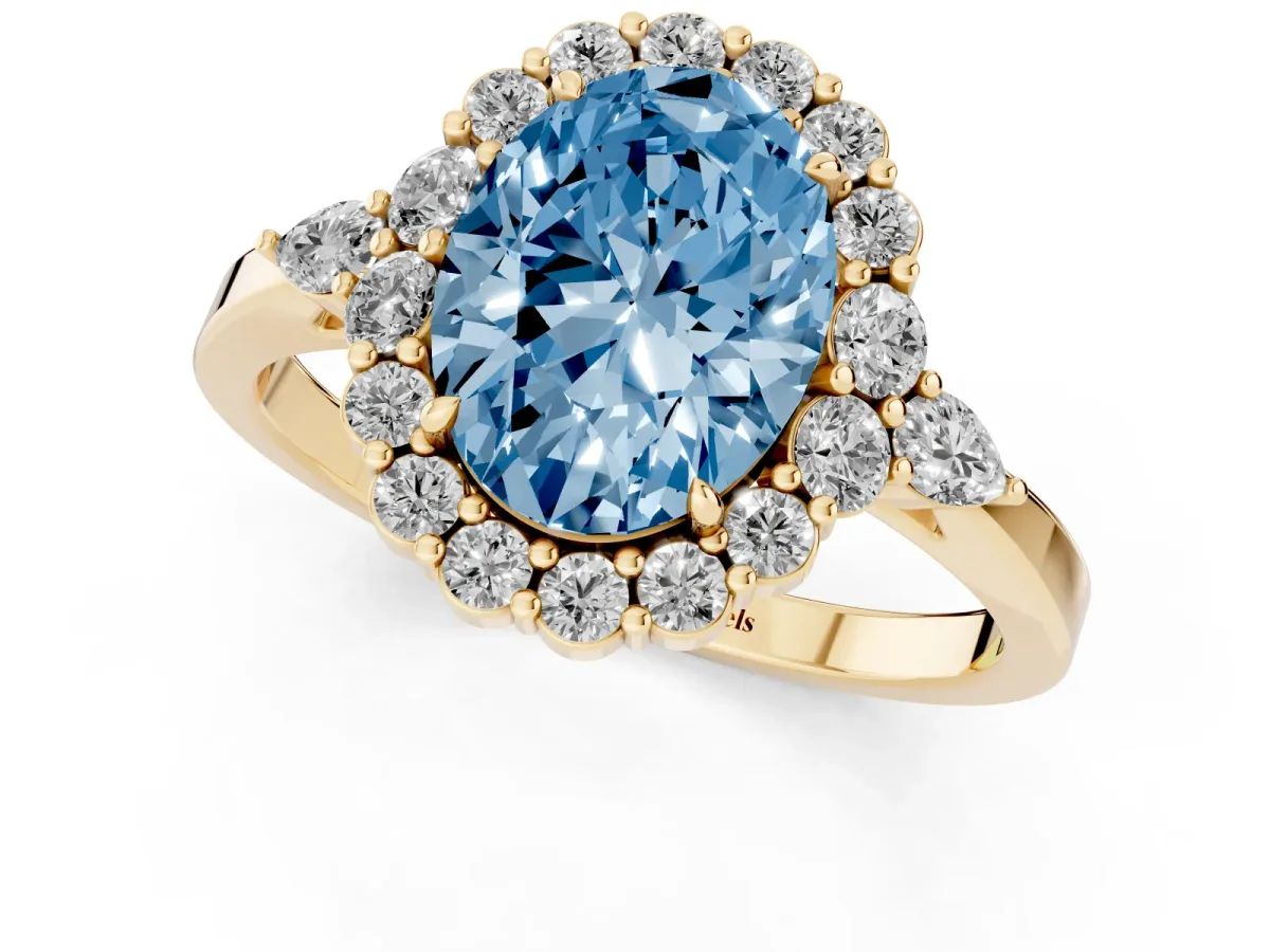 Fancy Blue Oval Cut Diamond Halo Ring with Pear Side Stones and Prong Setting Yellow gold