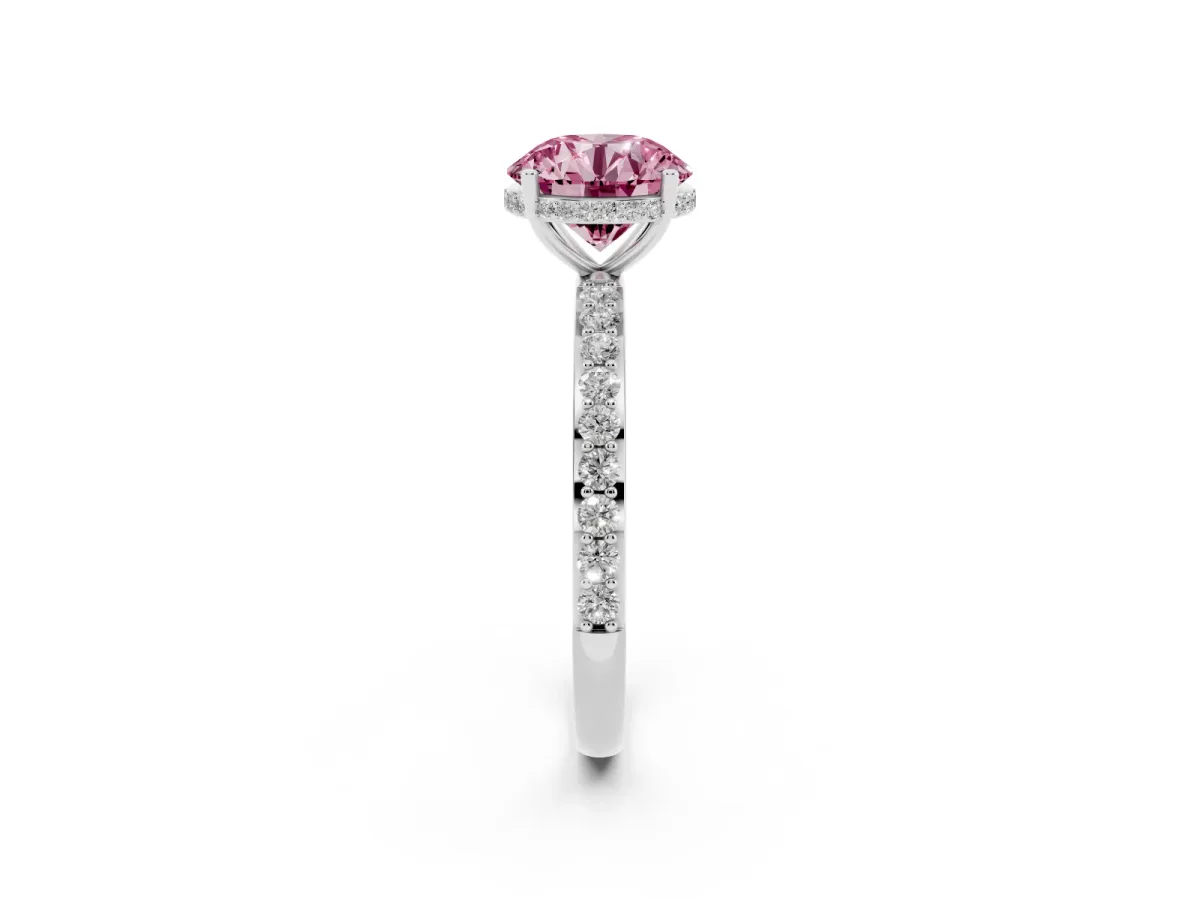 Fancy Pink Round Cut Diamond Solitaire Ring with Pavé Band and Hidden Halo Platinum