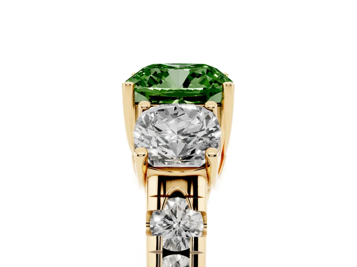 Fancy Green Three-Stone Cushion Cut Diamond Pavé Band with Prong Setting Yellow gold