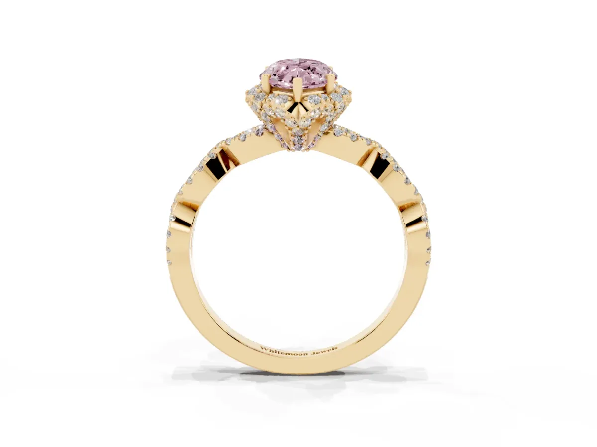 Fancy Pink Marquise Cut Halo Twist Band Solitaire Ring with Six-Prong Setting Yellow gold