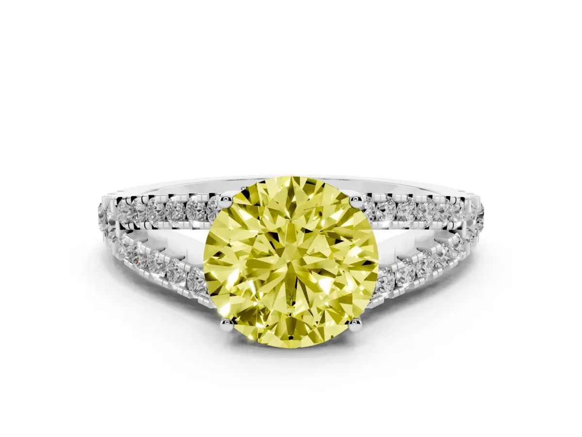 Fancy Yellow Round Cut Diamond Split Shank Pavé Engagement Ring with Four-Prong Setting White gold
