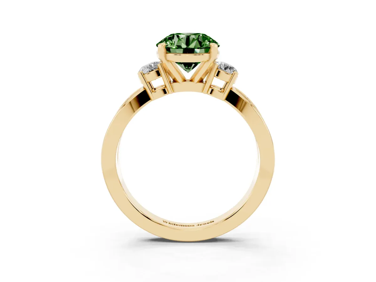 Fancy Green Three-Stone Round Cut Cut Diamond Twist Band with Prong Setting Yellow gold