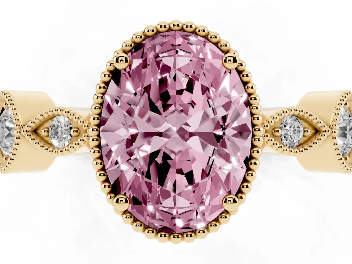 Fancy Pink Oval Cut Diamond Vintage Milgrain Ring with Round Stations Yellow gold