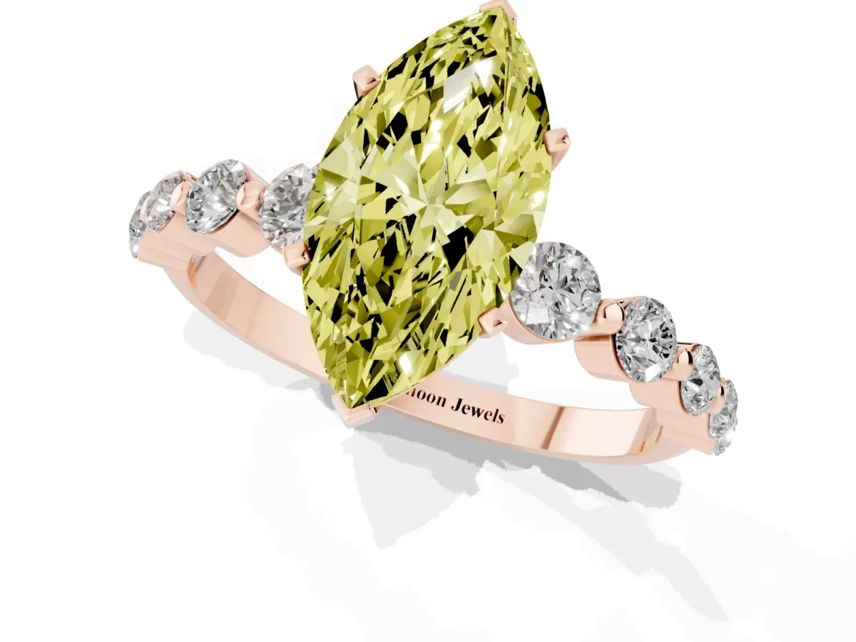 Fancy Yellow Marquise Cut Solitaire Diamond Ring with Pave Band and Four-Prong Setting Rose gold