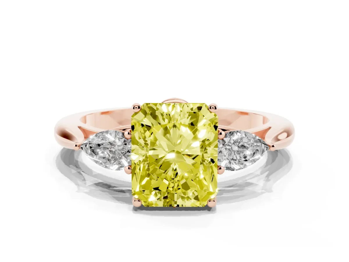 Fancy Yellow Three-Stone Radiant Cut Diamond Ring with Pear Side Stones in Four-Prong Setting Rose gold