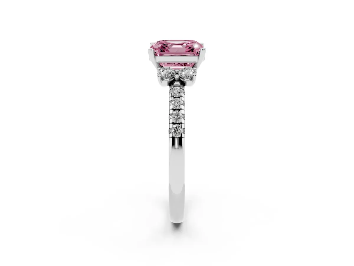 Fancy Pink Asscher Cut Diamond Three-Stone Pave Band with Four-Prong Setting Silver