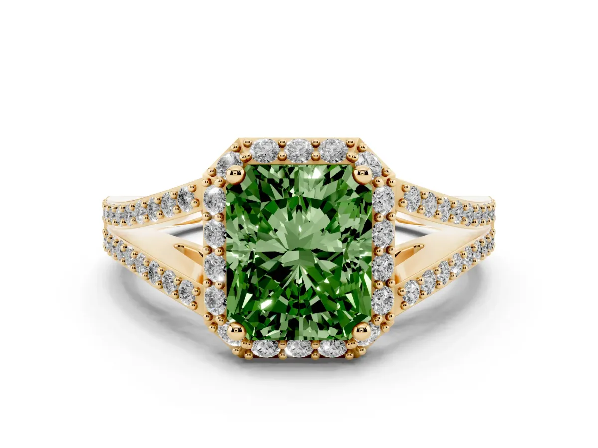 Fancy Green Radiant Cut Halo Split Shank Diamond Ring with Prong Setting Yellow gold