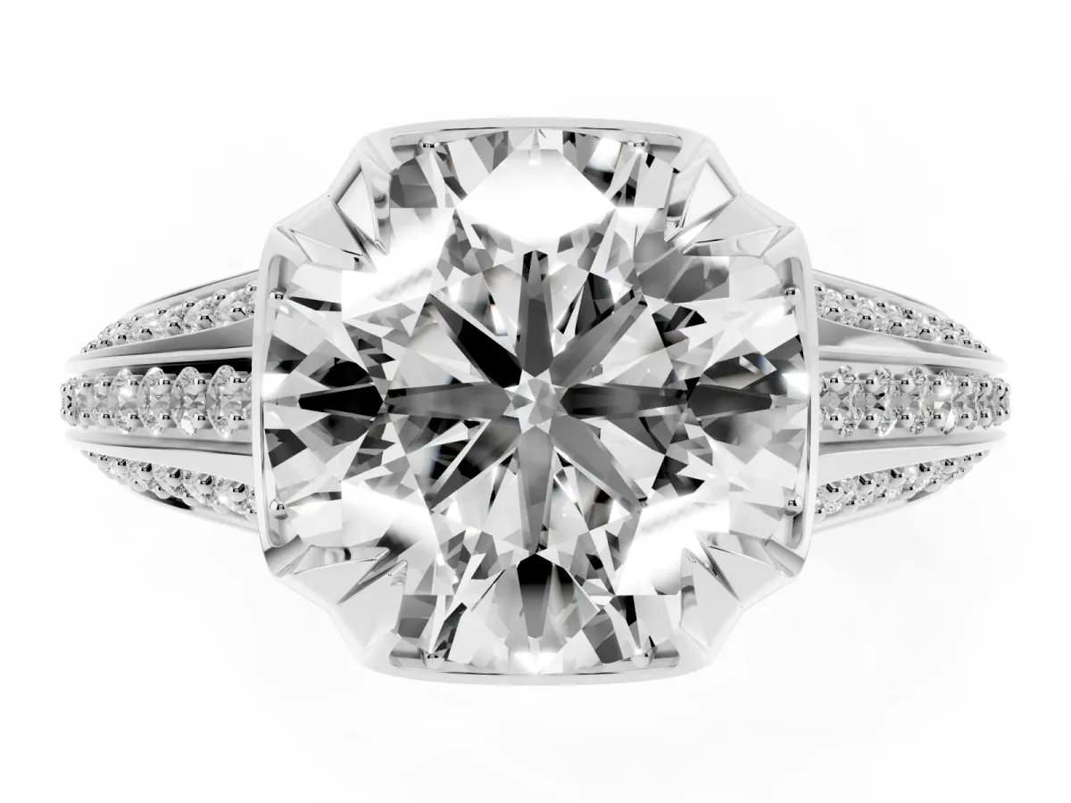 Round Cut Solitaire Pave Split Shank Ring with Four-Prong Setting Silver
