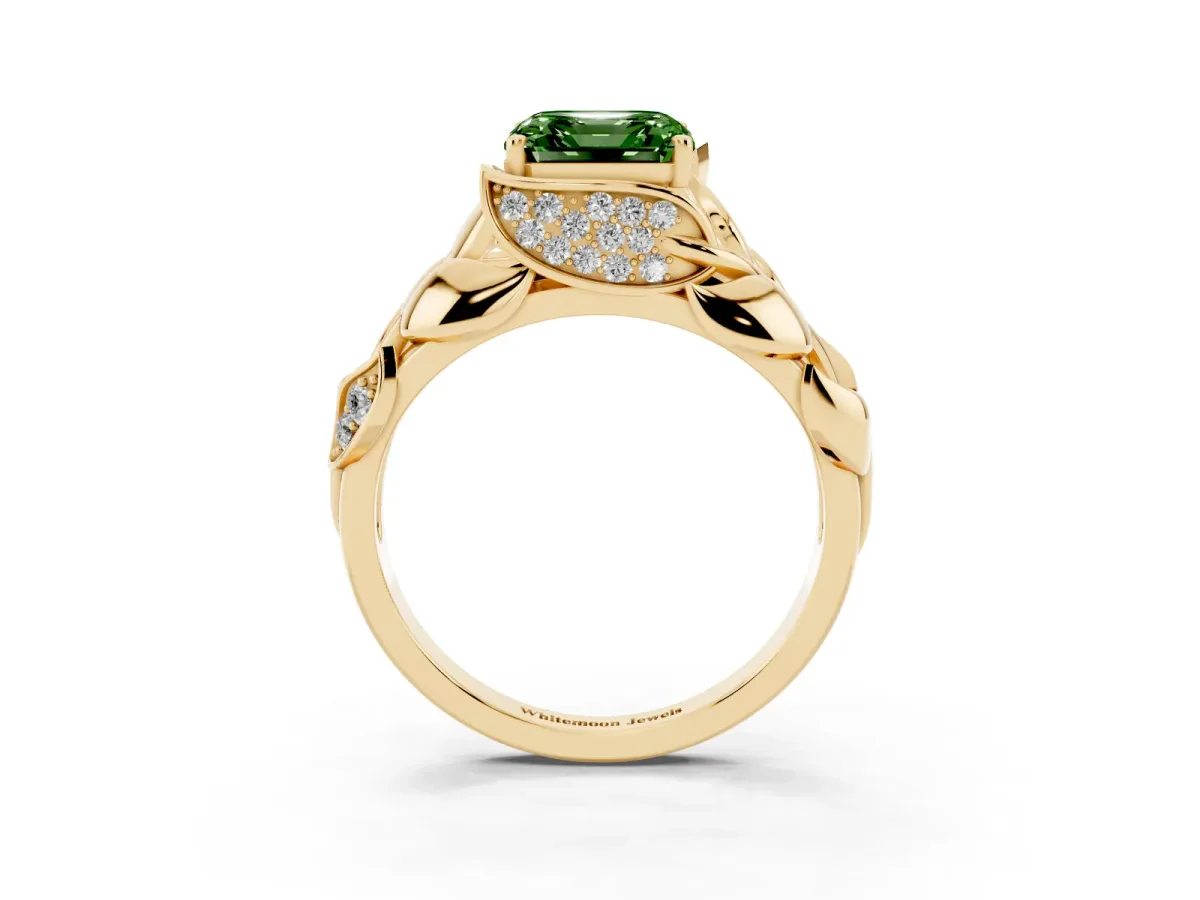 Fancy Green Asscher Cut Diamond Leaf-Inspired Engagement Ring with Round Accents and Prong Setting Yellow gold