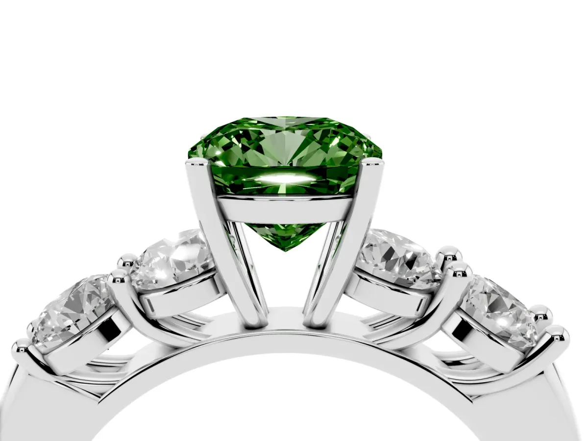 Fancy Green Cushion Cut Cut Five-Stone Prong Set Diamond Ring with Classic Band Silver