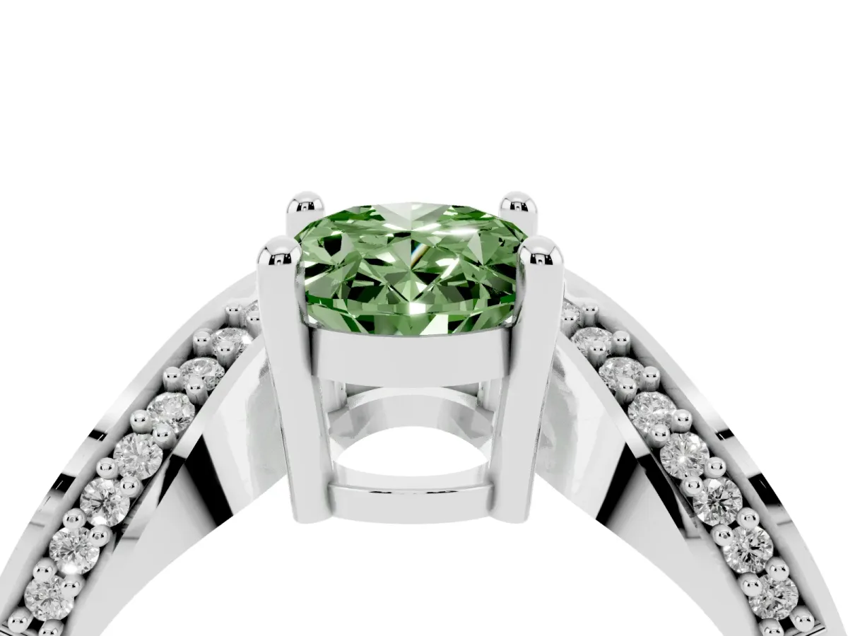 Fancy Green Oval Cut Solitaire Diamond Engagement Ring with Pave Band and Four-Prong Setting Platinum