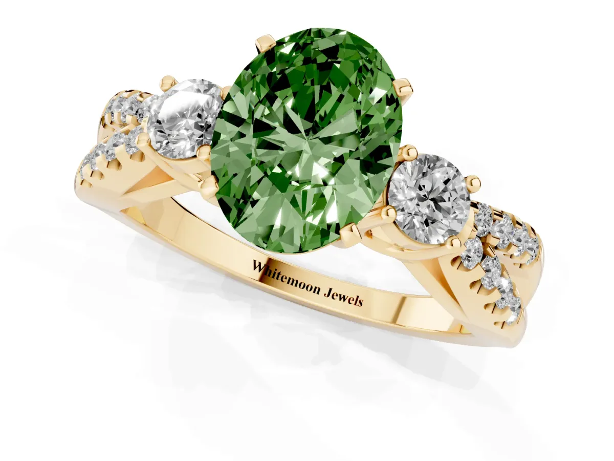 Fancy Green Oval Cut Diamond Three-Stone Ring with Pavé Split Shank and Four-Prong Setting Yellow gold