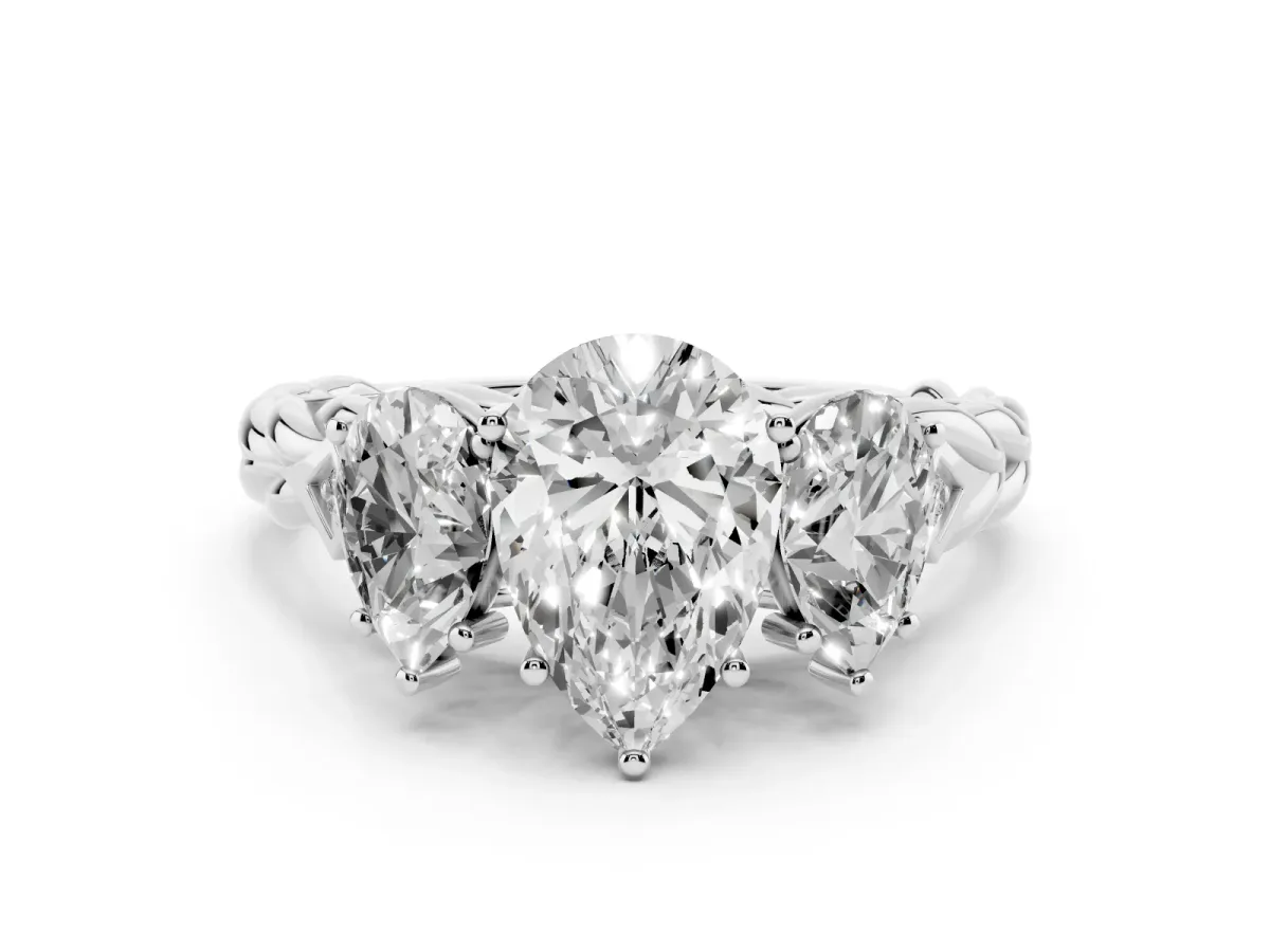 Three-Stone Pear Cut Diamond Braided Band Ring with Four-Prong Setting Silver