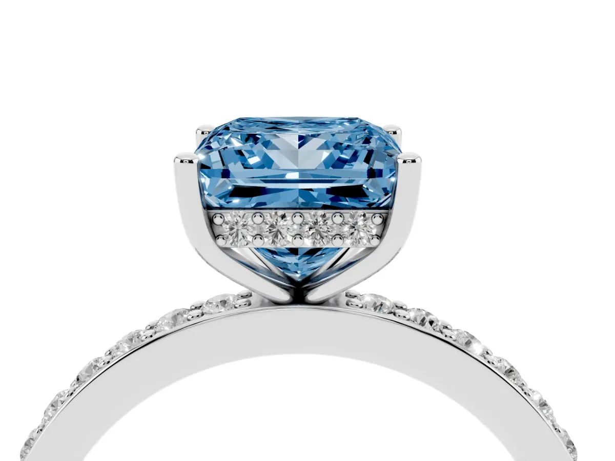 Fancy Blue Princess Cut Cut Diamond Pavé Band Ring with Four-Prong Setting Platinum