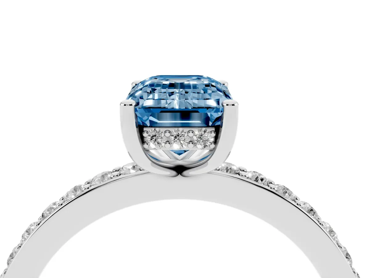 Fancy Blue Emerald Cut Cut Diamond Pavé Band Ring with Four-Prong Setting Platinum