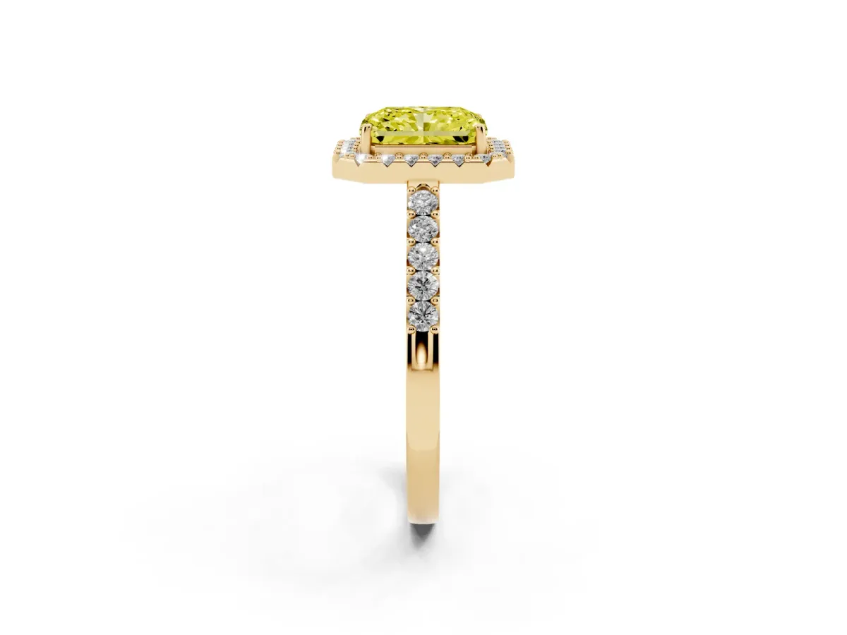 Fancy Yellow Radiant Cut Halo Diamond Pavé Solitaire Ring Yellow gold