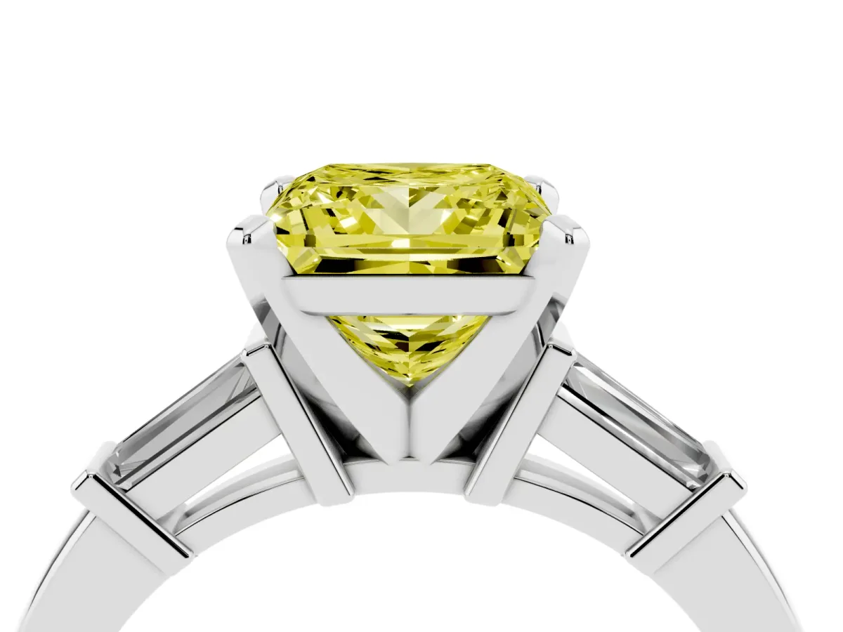 Fancy Yellow Princess Cut Cut Diamond Solitaire Ring with Tapered Baguette Accents and Four-Prong Setting Silver