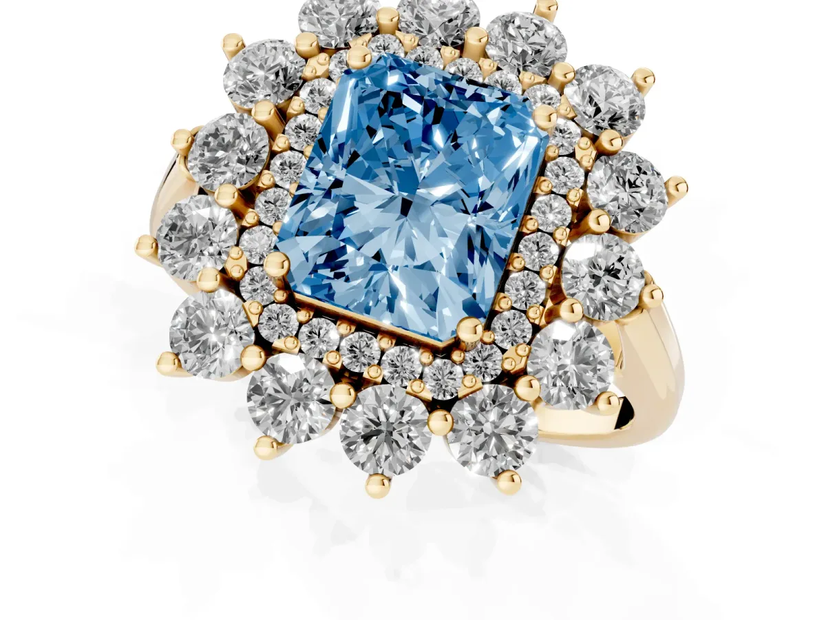 Fancy Blue Radiant Cut Diamond Floral Double Halo Engagement Ring with Prong Setting Yellow gold