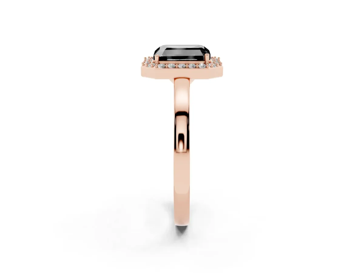 Fancy Black Radiant Cut Halo Diamond Ring with Solitaire Band and Prong Setting Rose gold