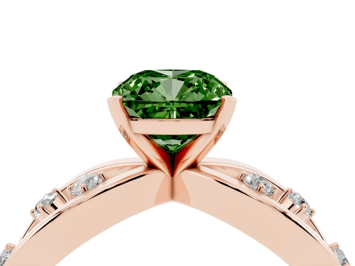 Fancy Green Cushion Cut Cut Solitaire Diamond with Side Stones on Criss-Cross Band and Four-Prong Setting Rose gold