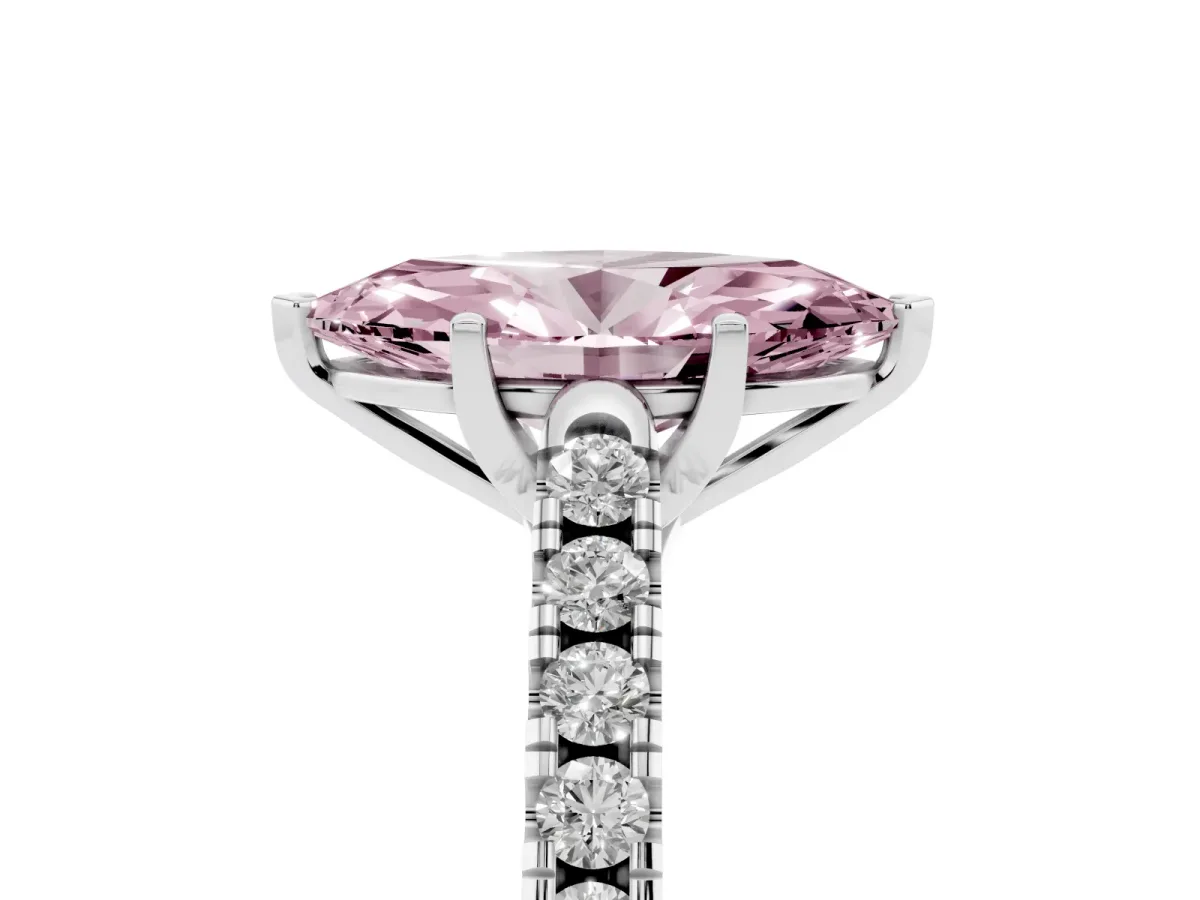 Fancy Pink Marquise Cut Diamond Pavé Band Solitaire Ring with Prong Setting Silver