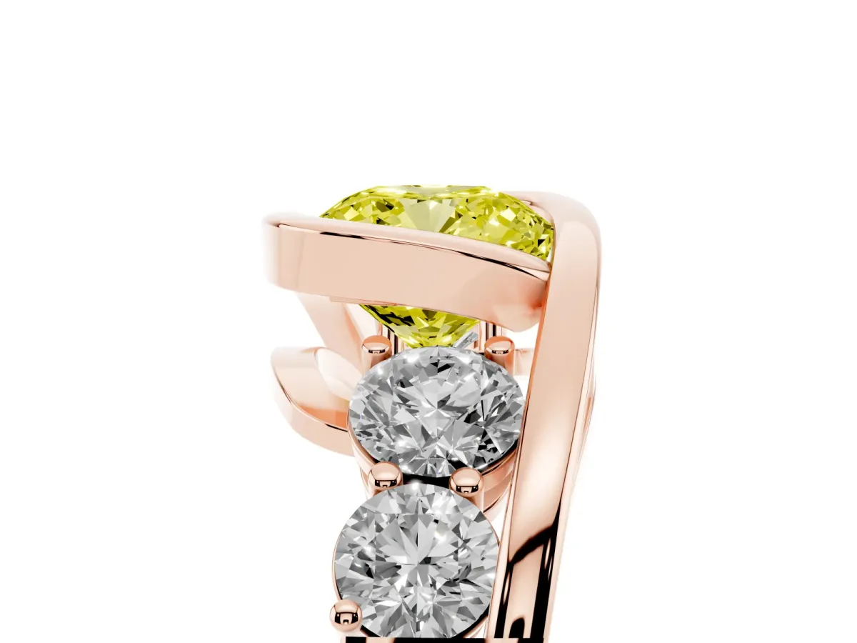 Fancy Yellow Bezel Set Cushion Cut Diamond Bypass Ring with Round Accents Rose gold