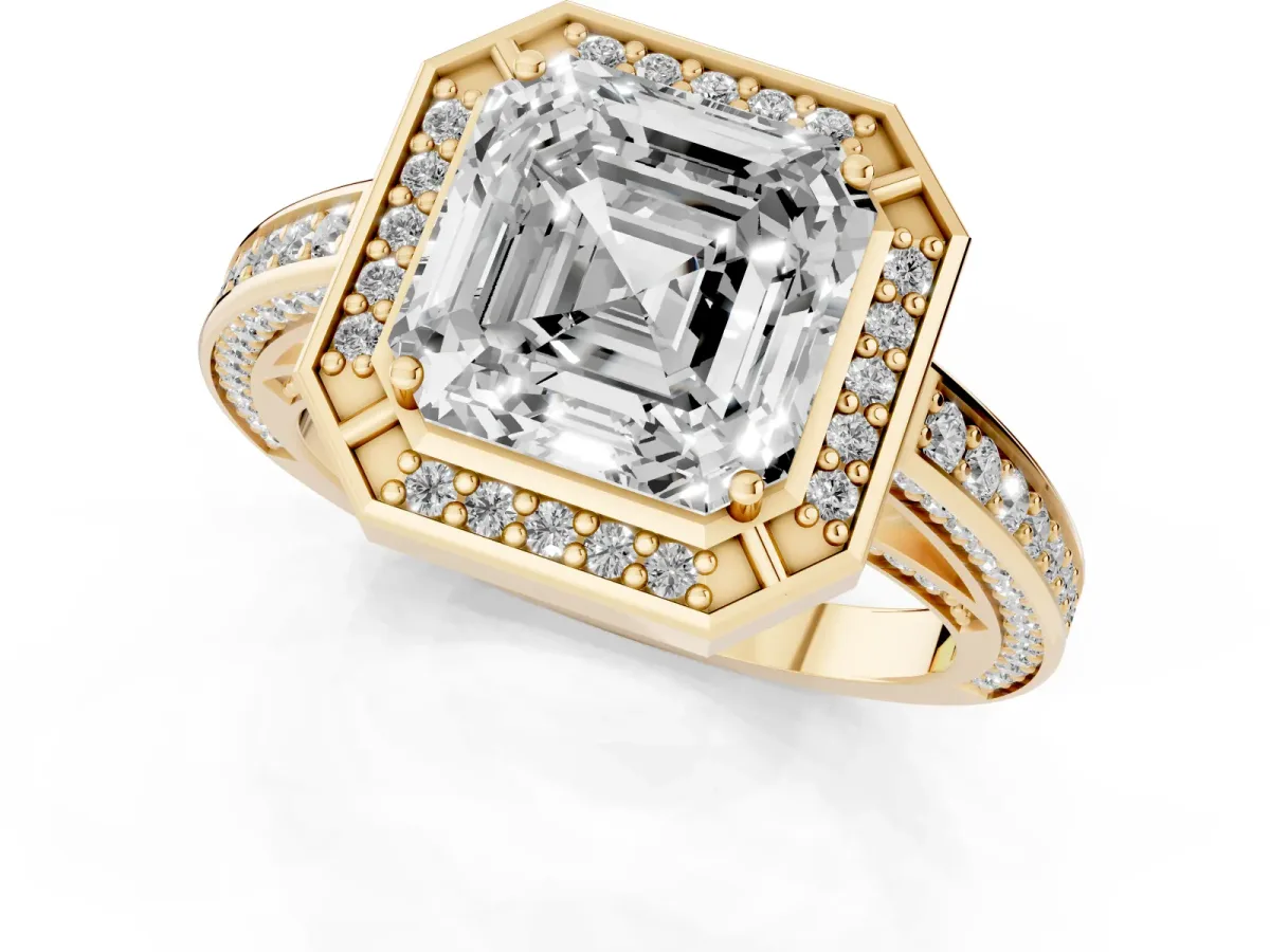 Asscher Cut Cut Halo Pave Split Shank Prong Setting Ring Yellow gold