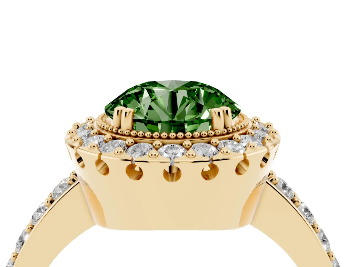 Fancy Green Round Cut Diamond Halo Ring with Pavé Band and Prong Setting Yellow gold