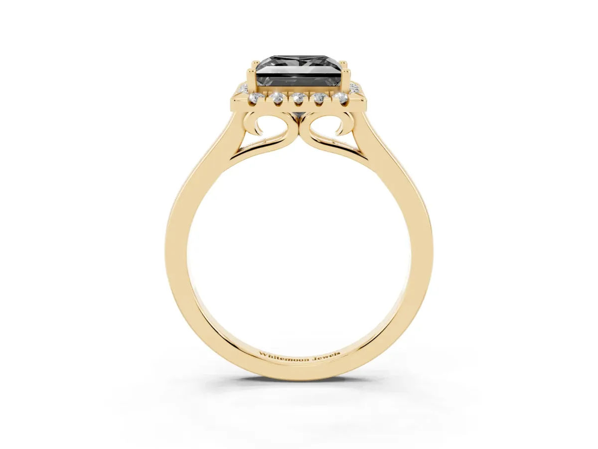 Fancy Black Princess Cut Halo Round Diamond Solitaire Ring with Pavé Band and Four-Prong Setting Yellow gold