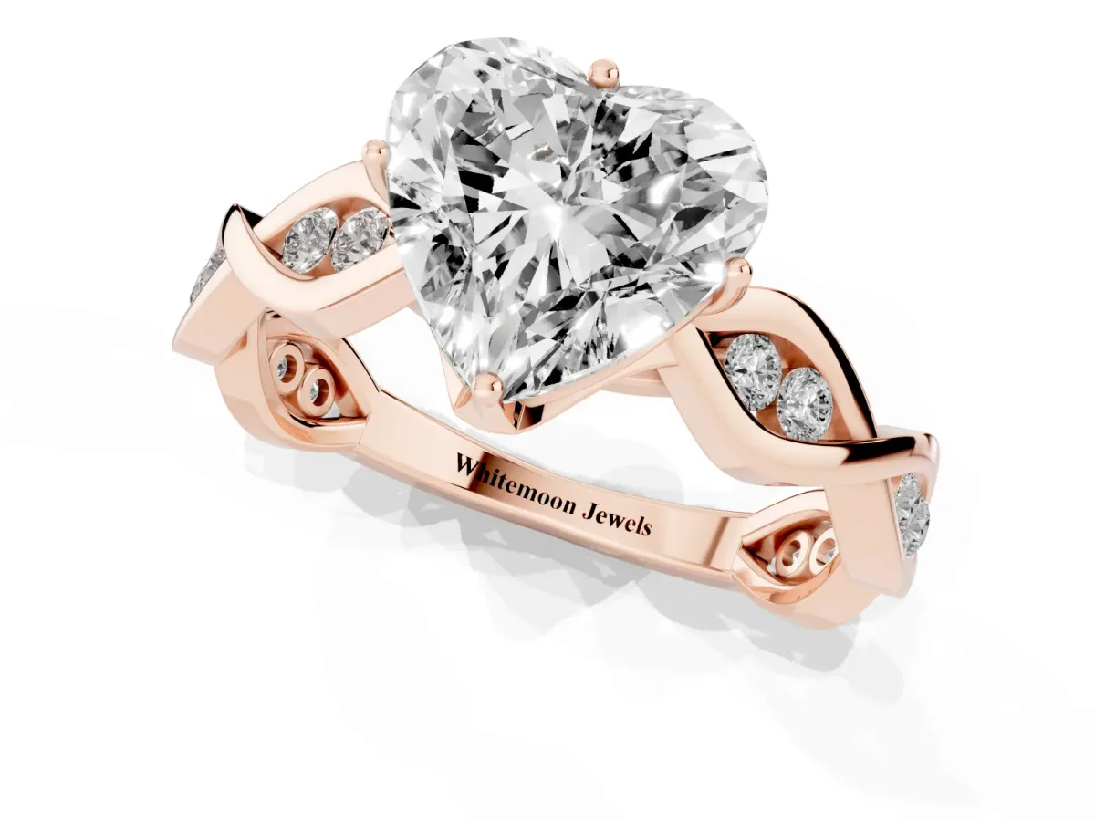 Heart Cut Solitaire Twist Band with Leaf Prong Setting Rose gold