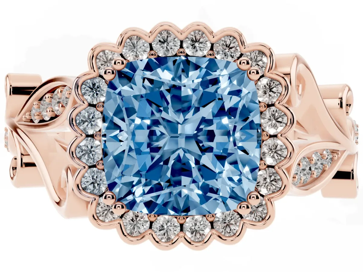 Fancy Blue Cushion Cut Diamond Halo Ring with Vintage Split Shank and Four-Prong Setting Rose gold