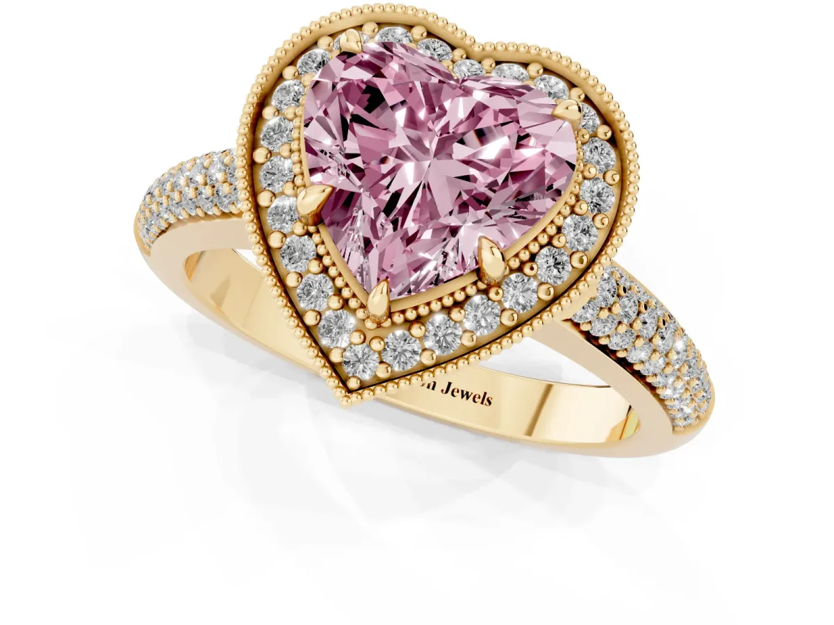 Fancy Pink Heart Cut Cut Halo Diamond Pave Band with Four-Prong Setting Yellow gold