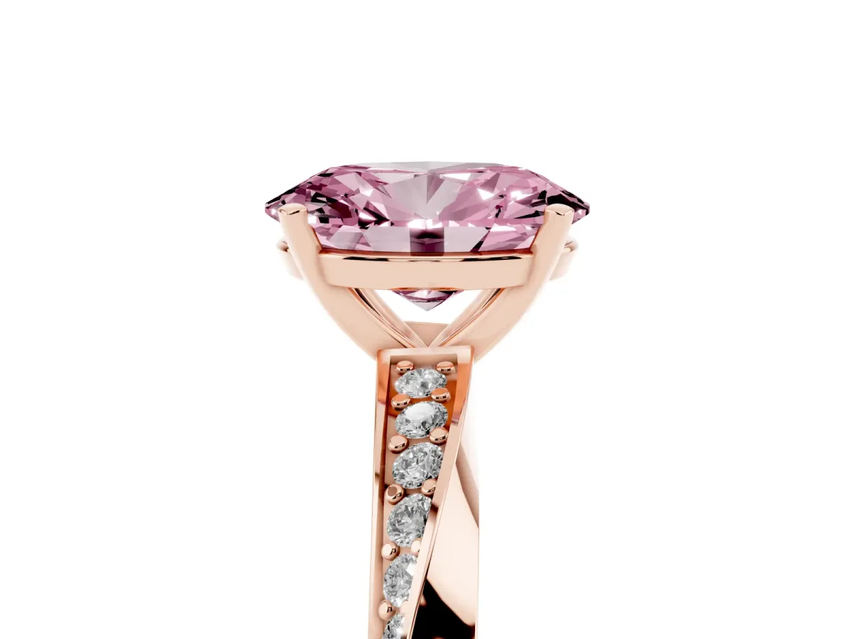 Fancy Pink Oval Cut Diamond Engagement Ring with Side Stone Accents and Four-Prong Setting Rose gold