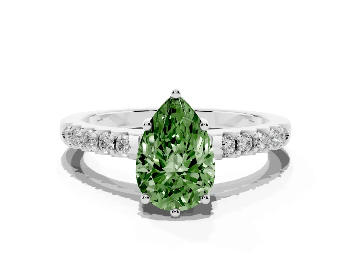 Fancy Green Pear Cut Solitaire Diamond Engagement Ring with Pavé Band and Six-Prong Setting Platinum