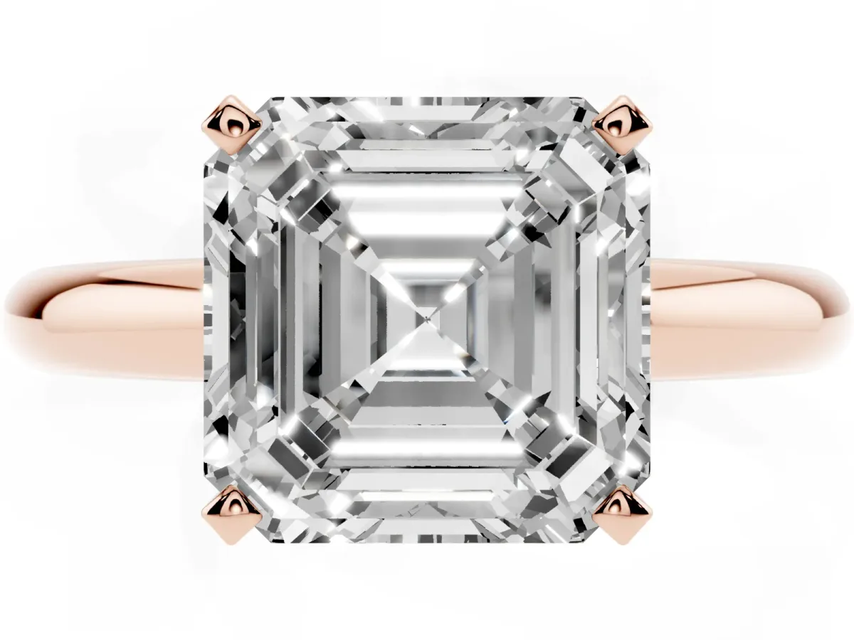 Asscher Cut Diamond Solitaire Engagement Ring with Round Band and Four-Prong Setting Rose gold