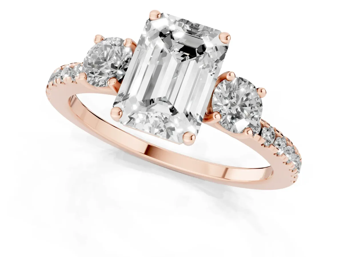 Three-Stone Emerald Cut Cut Diamond Pavé Band with Prong Setting Rose gold