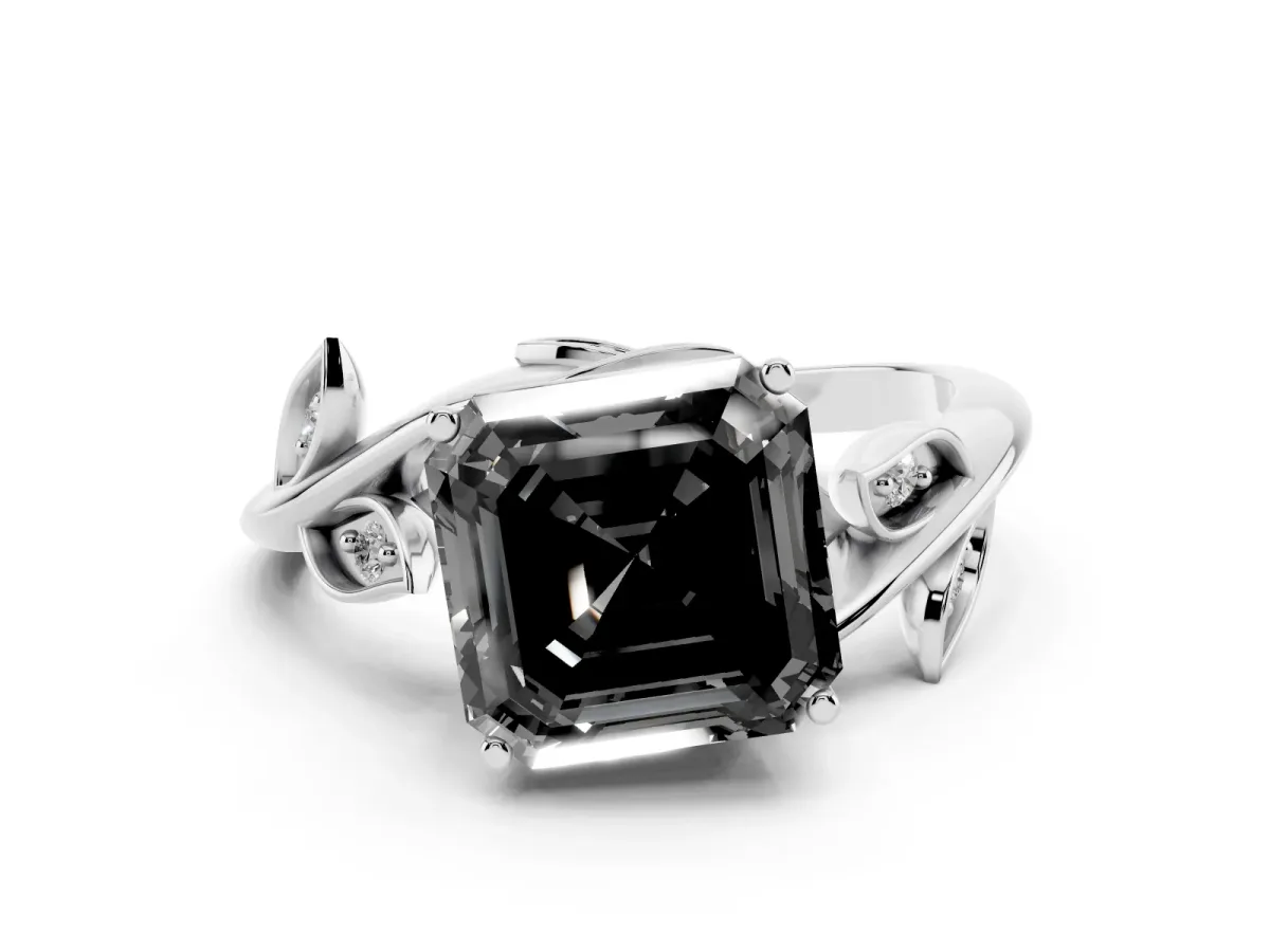 Fancy Black Asscher Cut Solitaire Twist Engagement Ring with Leaf Accents and Prong Setting White gold