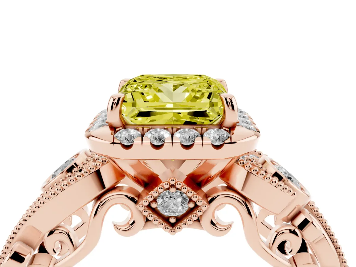 Fancy Yellow Princess Cut Diamond Halo Ring with Milgrain Pavé Band and Four-Prong Setting Rose gold