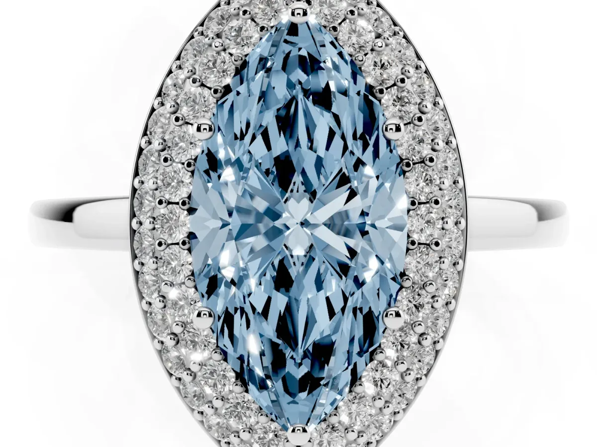 Fancy Blue Marquise Cut Halo Diamond Engagement Ring with Solitaire Band and Four-Prong Setting Silver