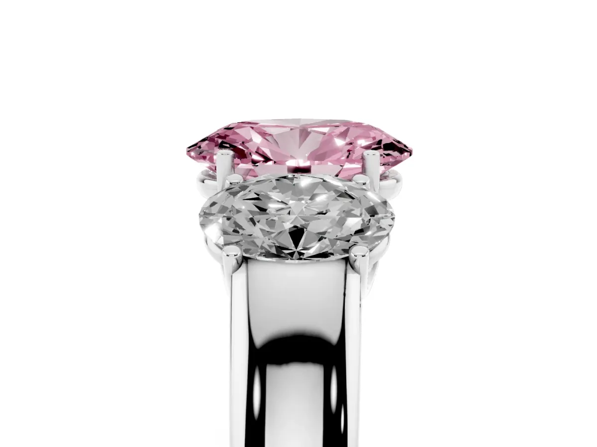 Fancy Pink Three-Stone Oval Cut Cut Diamond Ring with Prong Setting and Classic Band Platinum