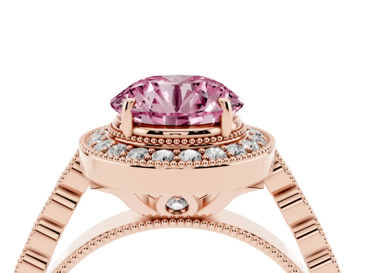 Fancy Pink Round Cut Halo Milgrain Solitaire with Bezel Set Side Stones and Pave Band Rose gold