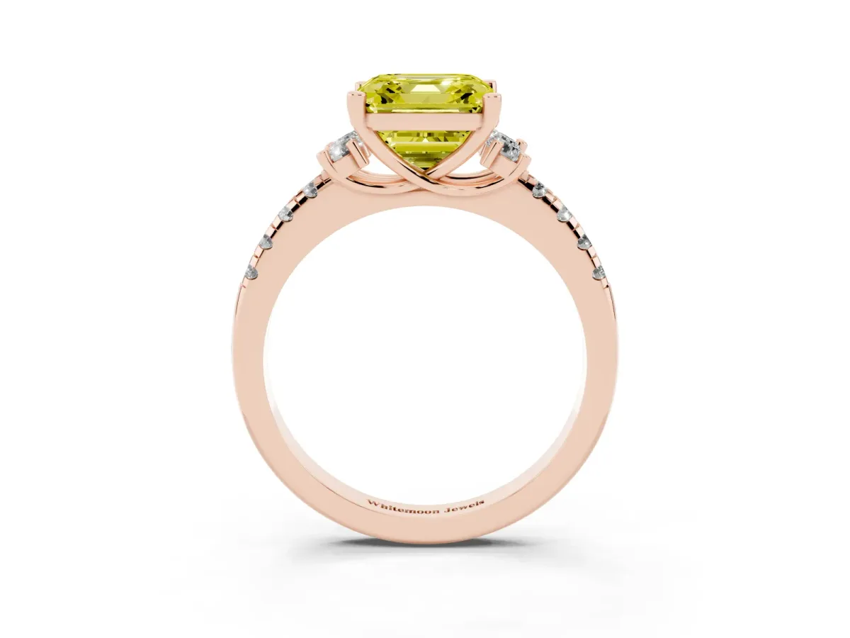 Fancy Yellow Asscher Cut Diamond Three-Stone Pave Band with Four-Prong Setting Rose gold